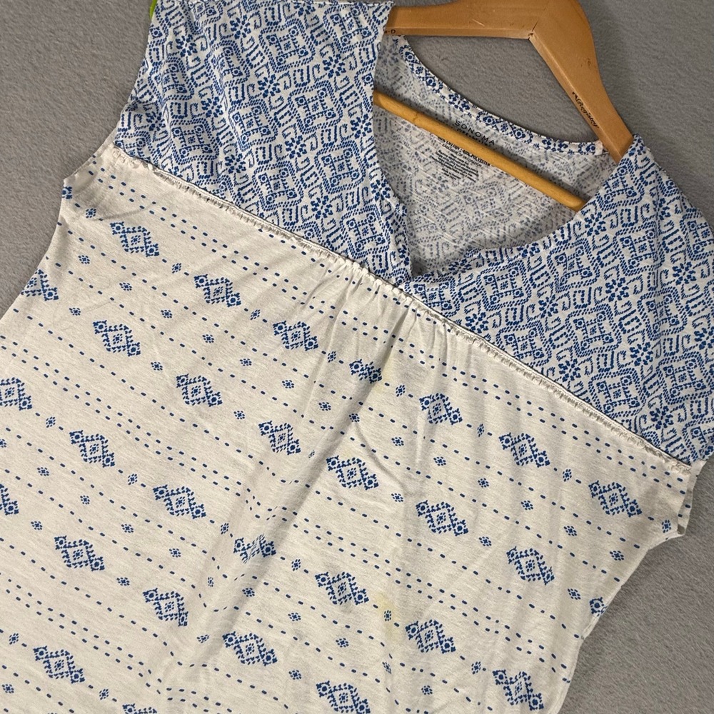 Sonoma Life Style‎ Women's Blue White Geometric V-Neck Cap Sleeve Top Size L